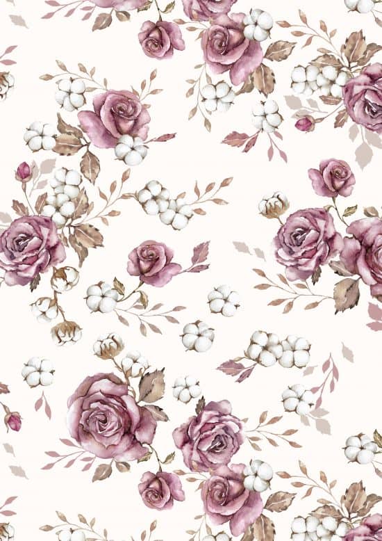 Seamless pattern design with roses and cotton flowers