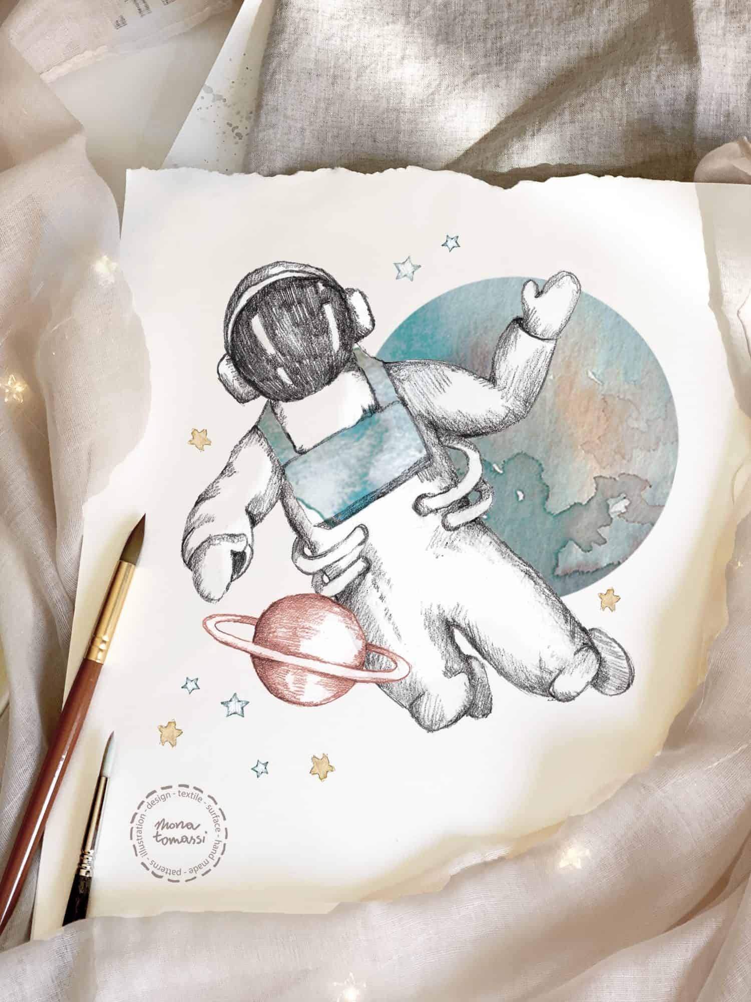 akwarelowy projekt dla dzieci z astronautami