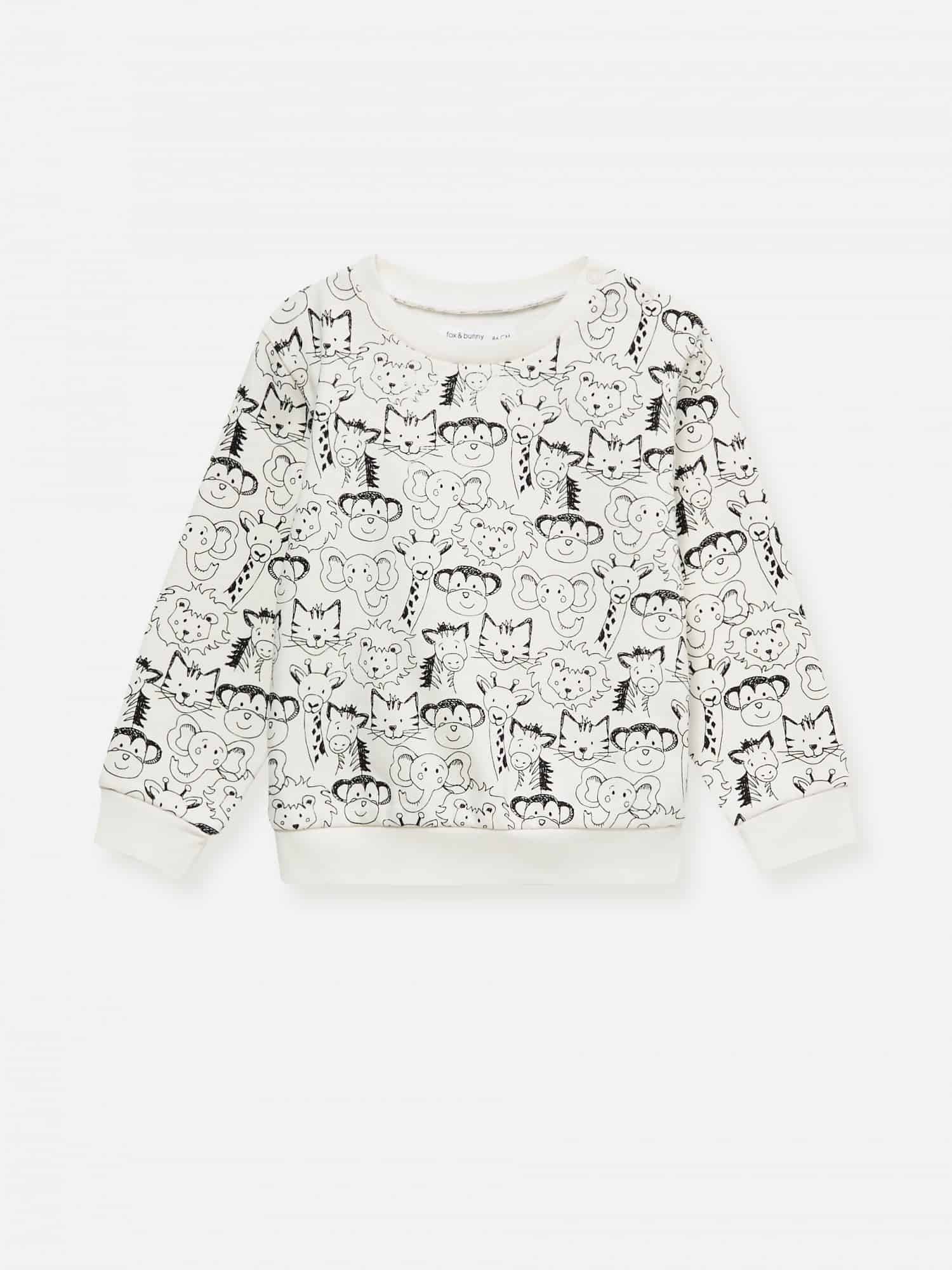 white sweatshirt for baby boy with animal faces print