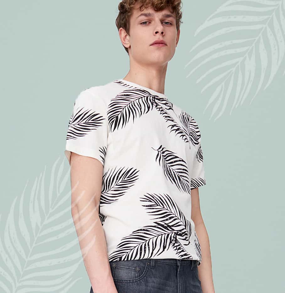 model in palm leaves pattern design t-shirt