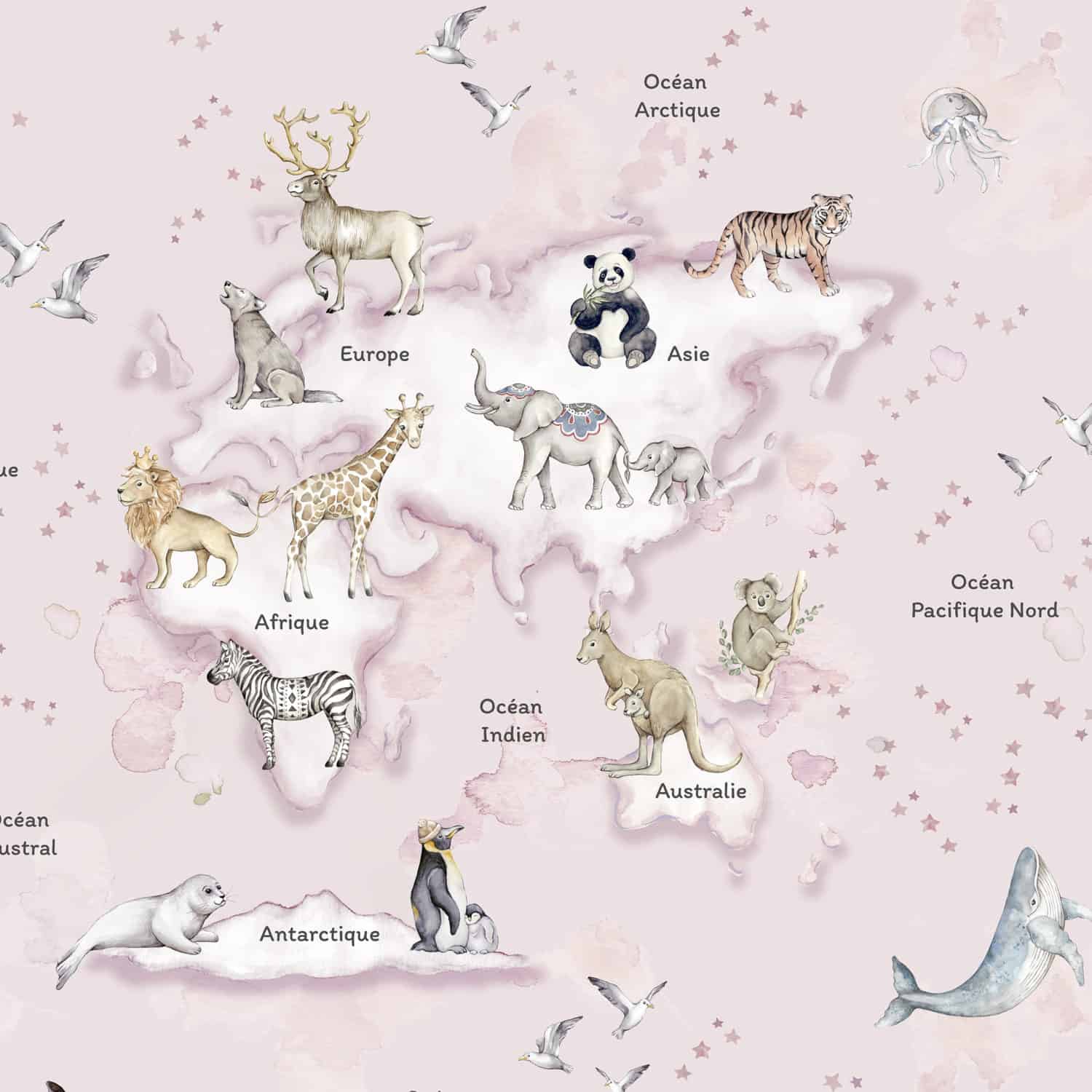 wallpaper design with map of the world with animals for children