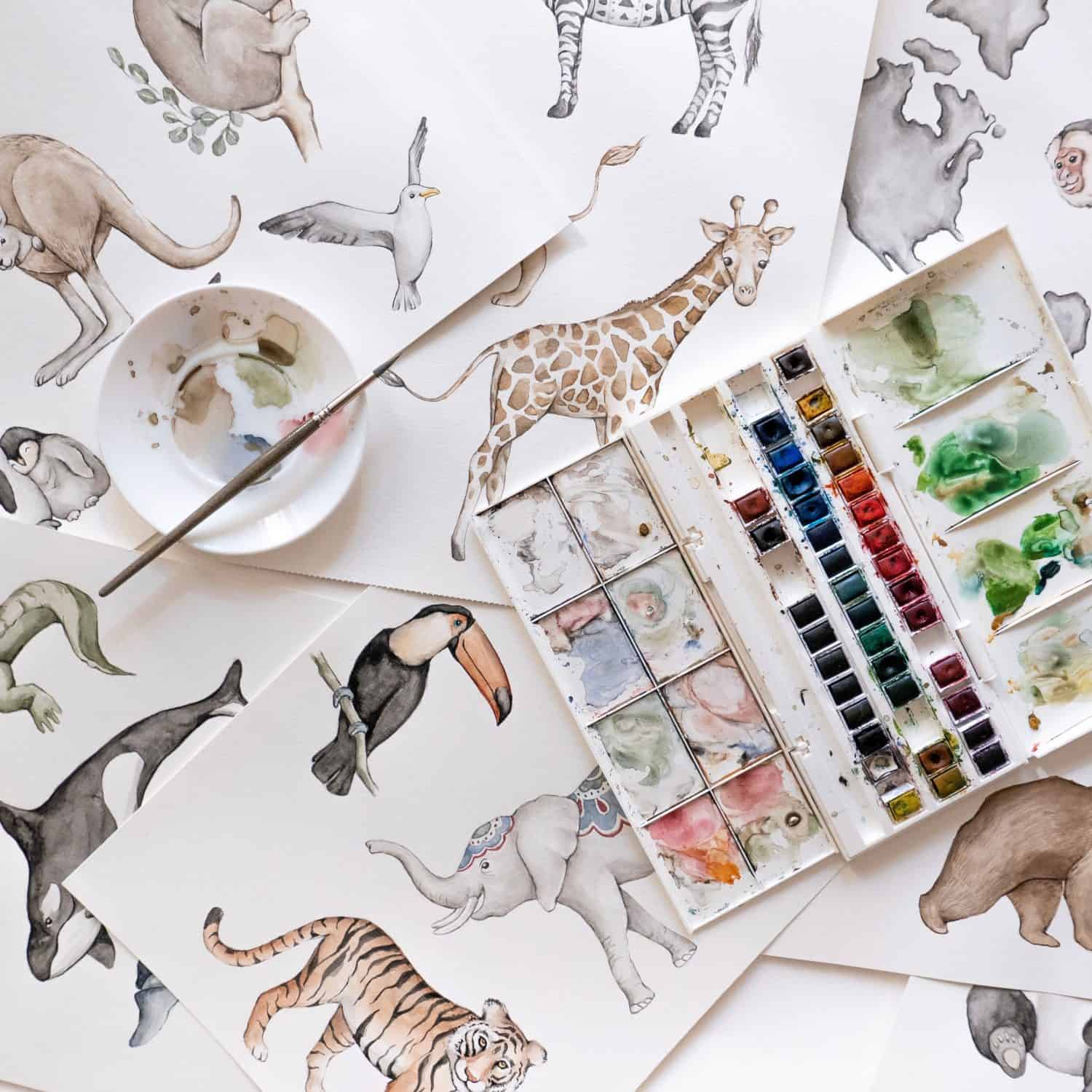 watercolor painting of animals of the world for kids