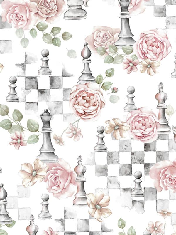 seamless pattern with peonies and chess