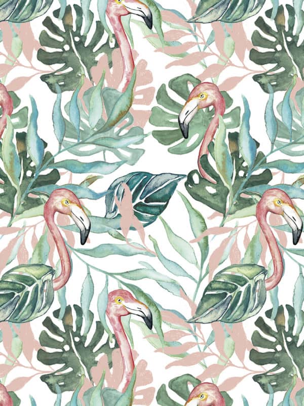 seamless tropical pattern with motif of flamingos and palm leaves