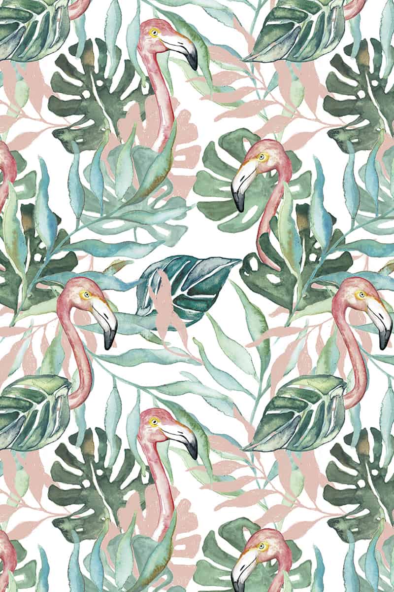 seamless tropical pattern with motif of flamingos and palm leaves