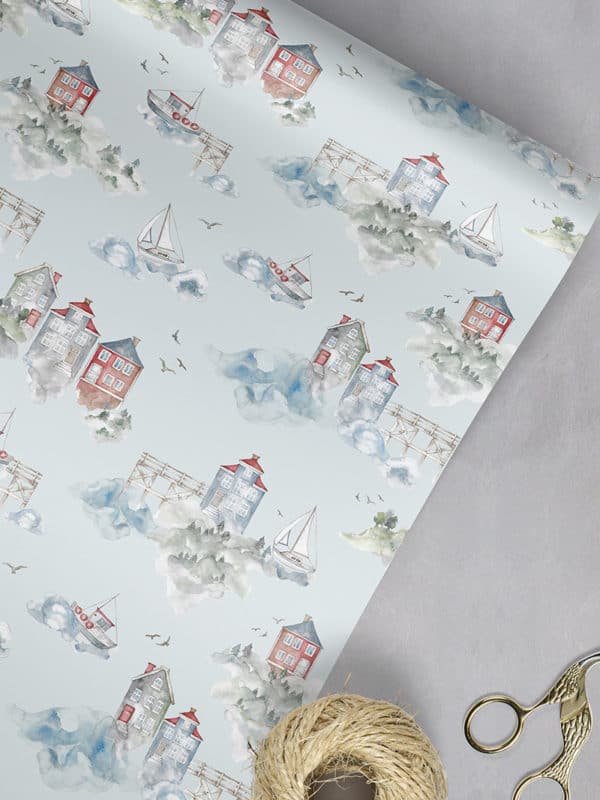 gift paper with nordic houses and nature seamless pattern design