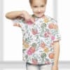 girl presenting t-shirt with Seamless pattern design to buy with fruits