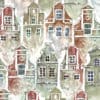 seamless pattern design with tenement houses in green and brown tones