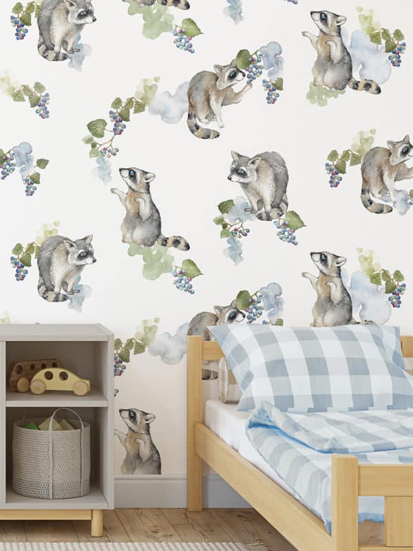 wallpaper with Seamless pattern design with raccoons eating grapes