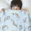 Boy under the bedding with seamless pattern design with raccoons eating grapes