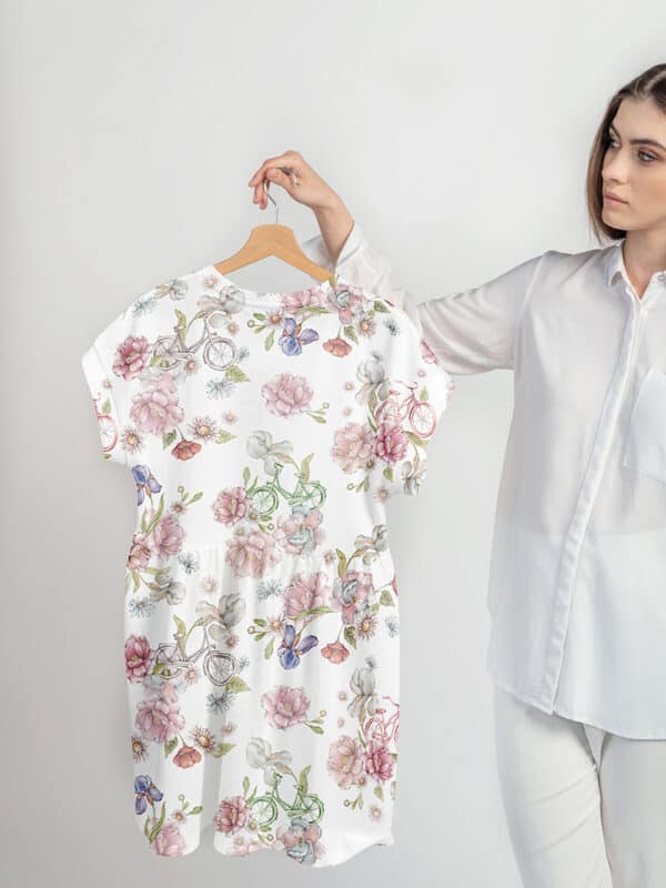 model showing dress with floral pattern design