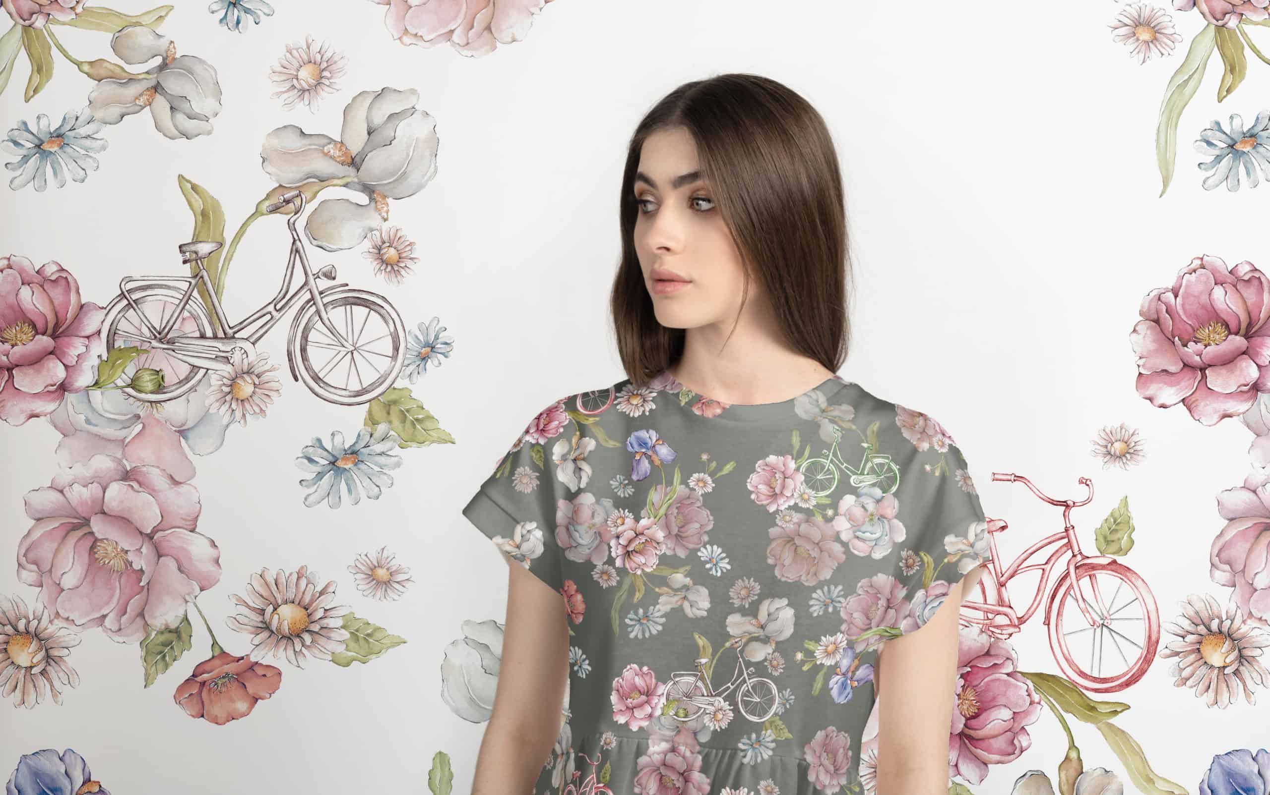 model in a flower dress big pattern
