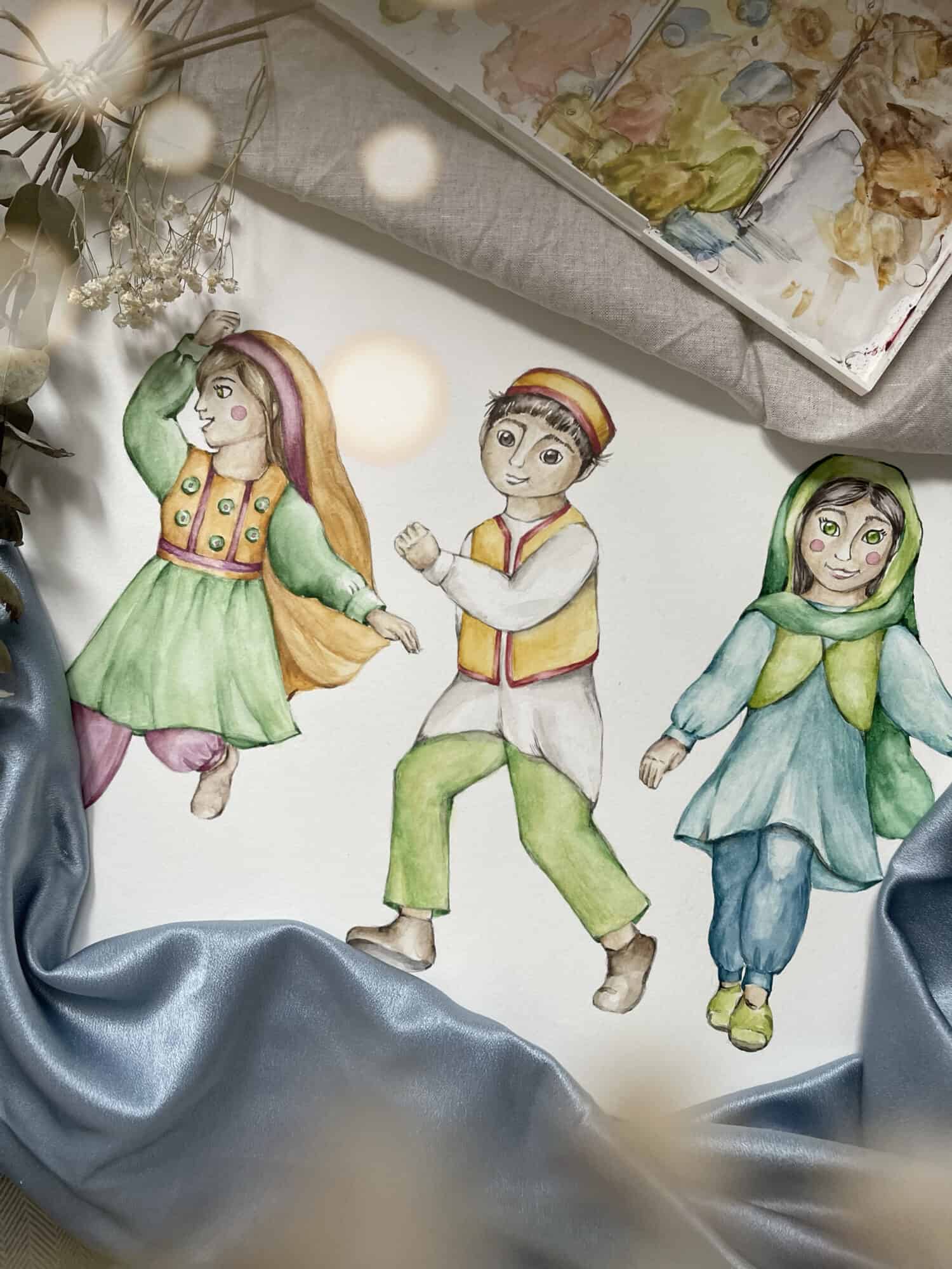 illustration with afghan children in traditional outfits